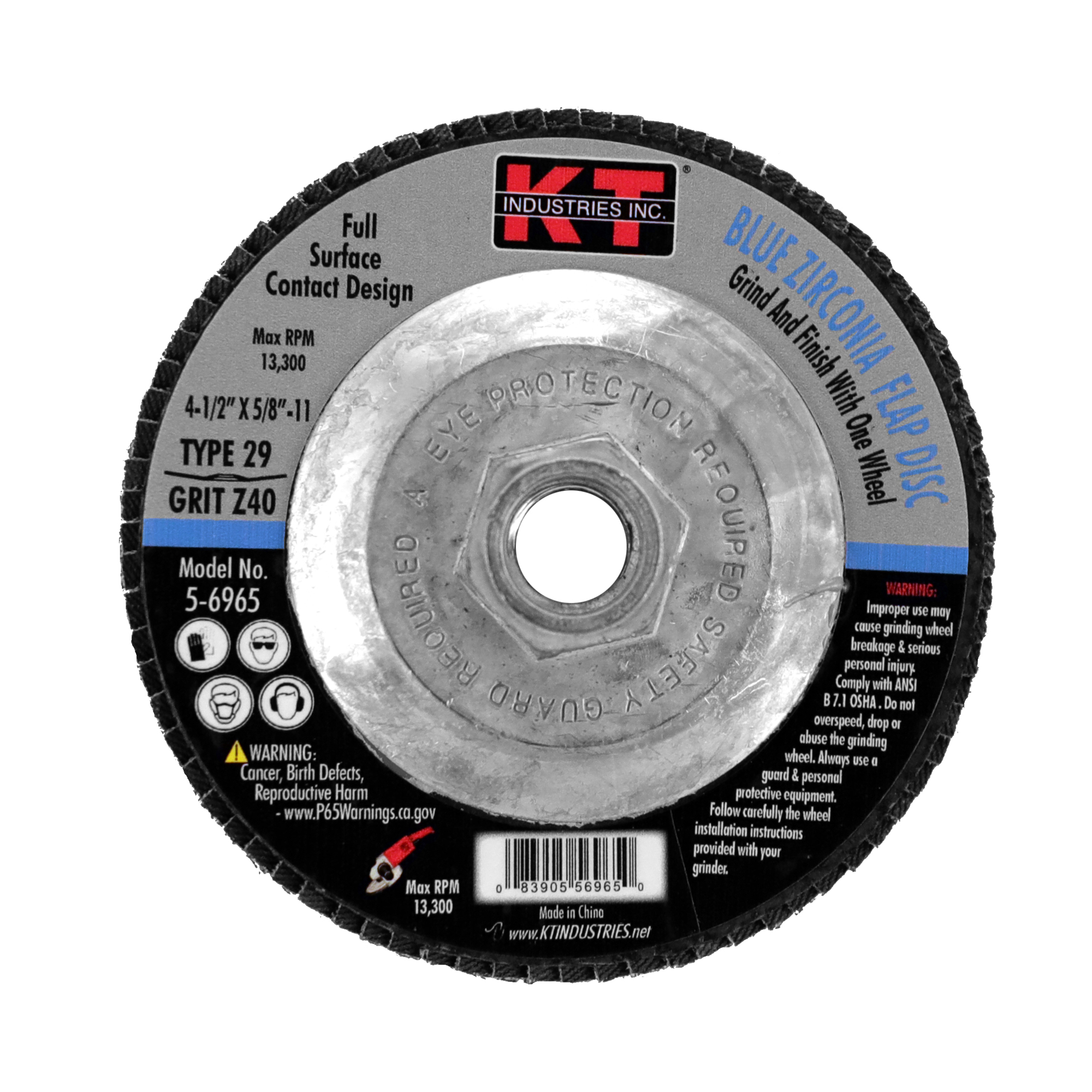 K-T Industries Blue Zirconia Flap Disc — 4.5in. x 5/8in.-11, 40 Grit, 13,000 RPM, Model# 5-6965